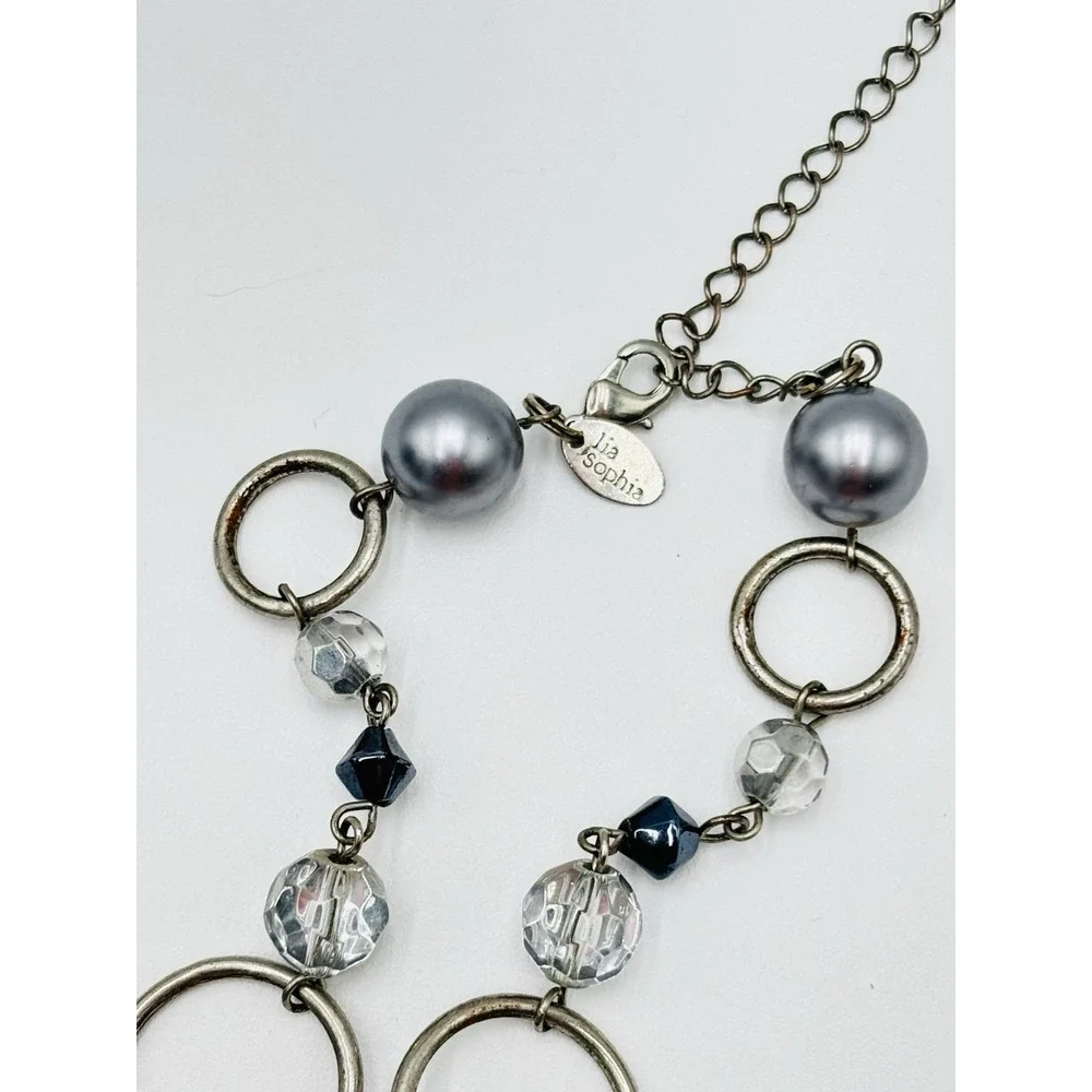 Lia Sophia Long Statement‎ Necklace Silver Tone Faux Pearl Beaded 30